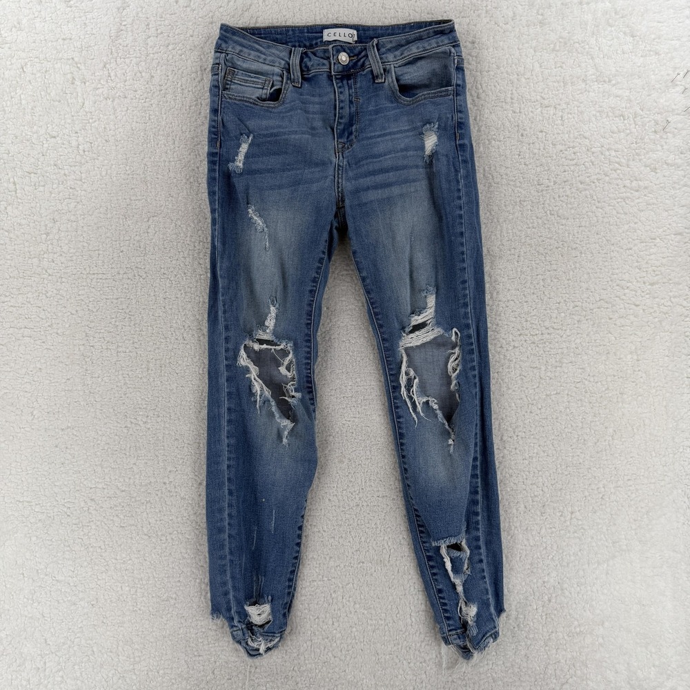 Cello Jeans Juniors 7 Blue‎ Medium Wash Mid Rise Distressed Hem Skinny Denim